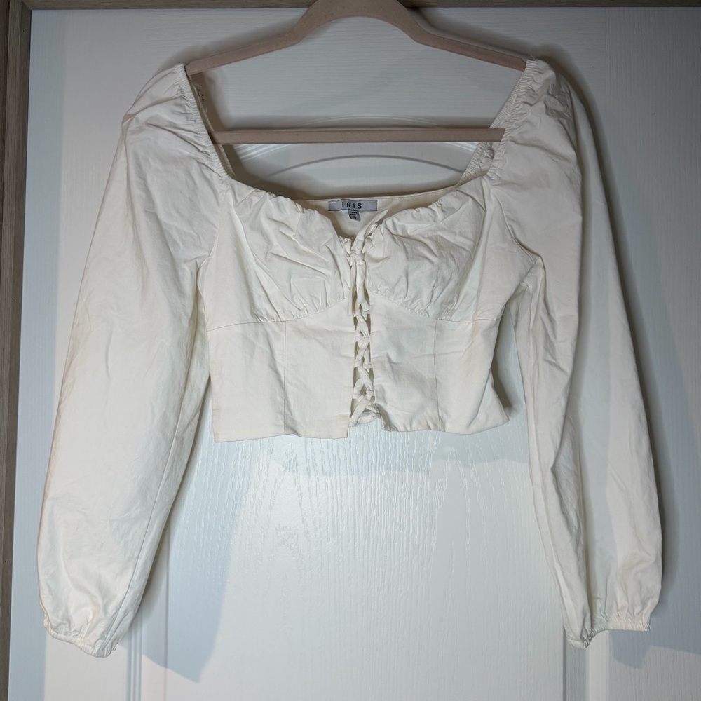 Iris Off-White Corset Lace-Up Peasant Crop Top Small - Picture 2 of 5